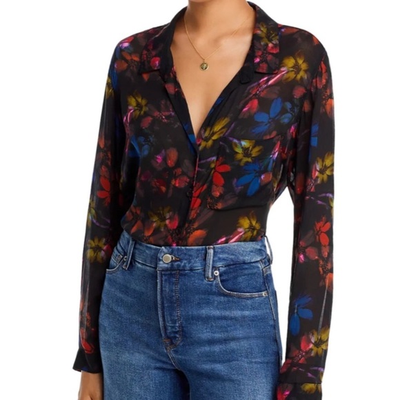 NWT BELLA DAHL Floral Long Sleeve Button Front Semi-Sheer Blouse Size Small - Picture 2 of 4
